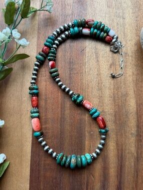 Sterling silver green turquoise spiny oyster necklace 20 inch